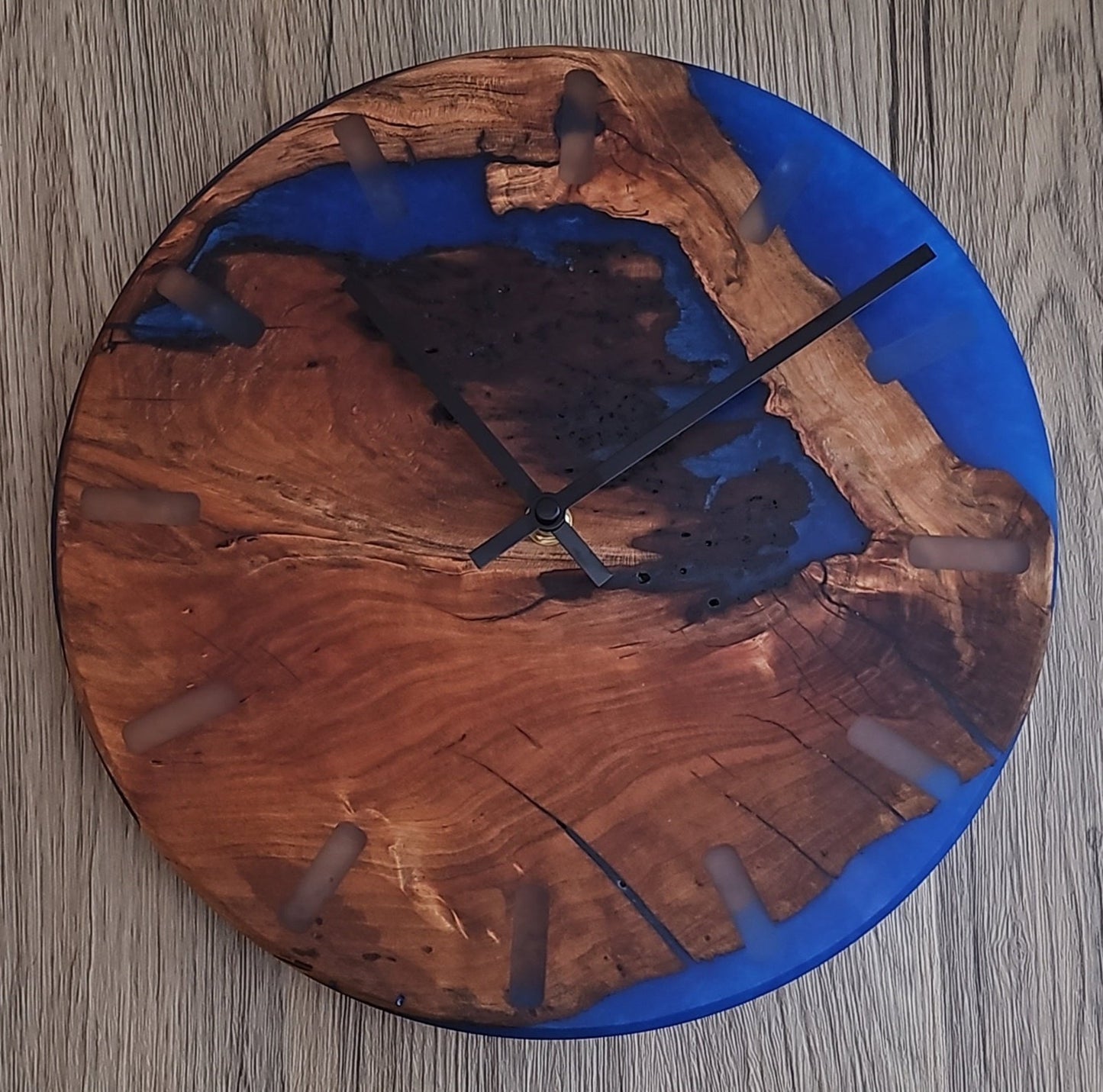 Cherry Wood with Sea Blue with Clear Number Marks Epoxy Clock