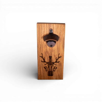 Rustic Sassafras wood beer season bottle opener with bronze metal cap catcher