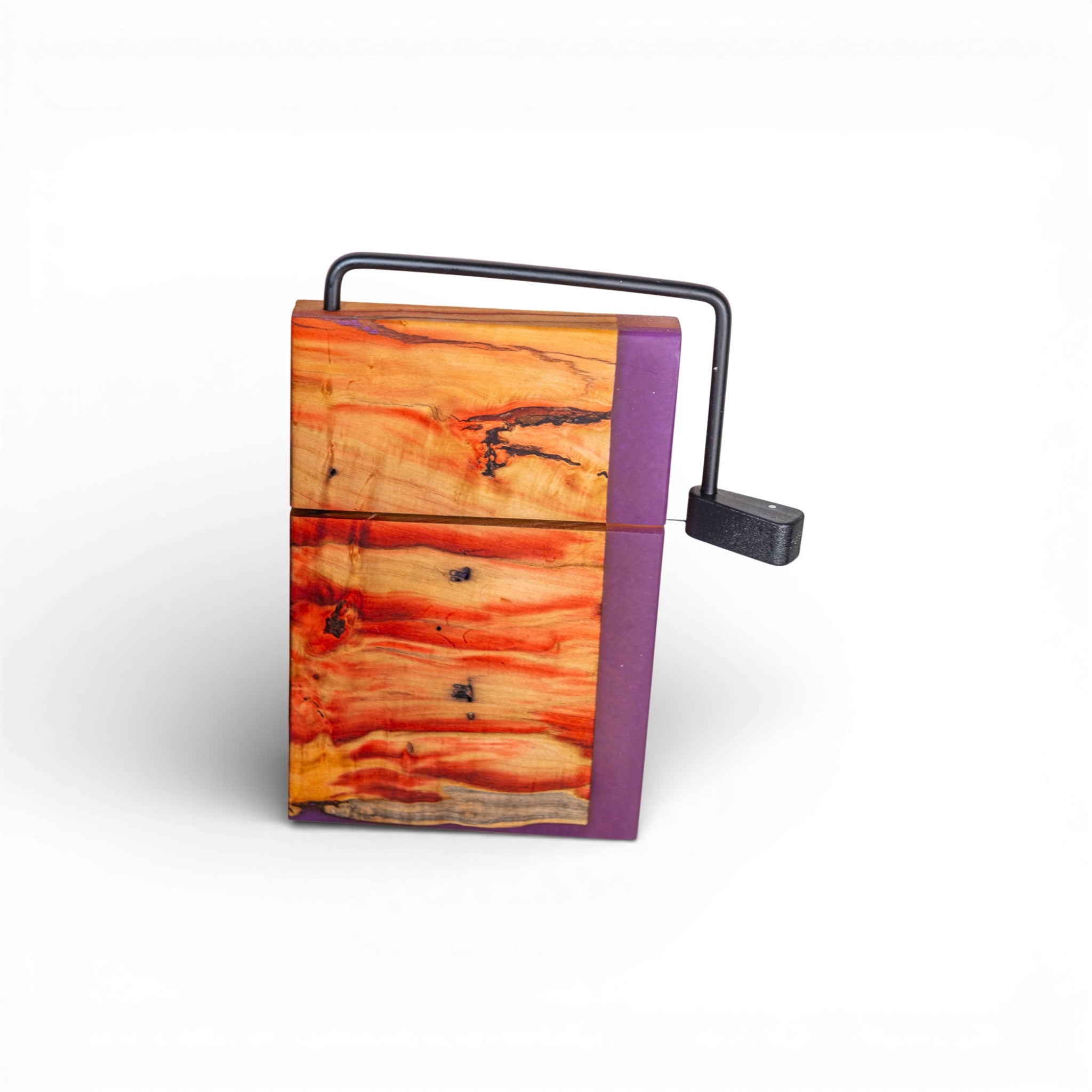 Box Elder wood cheese slicer board with purple epoxy side and sliding weight handle