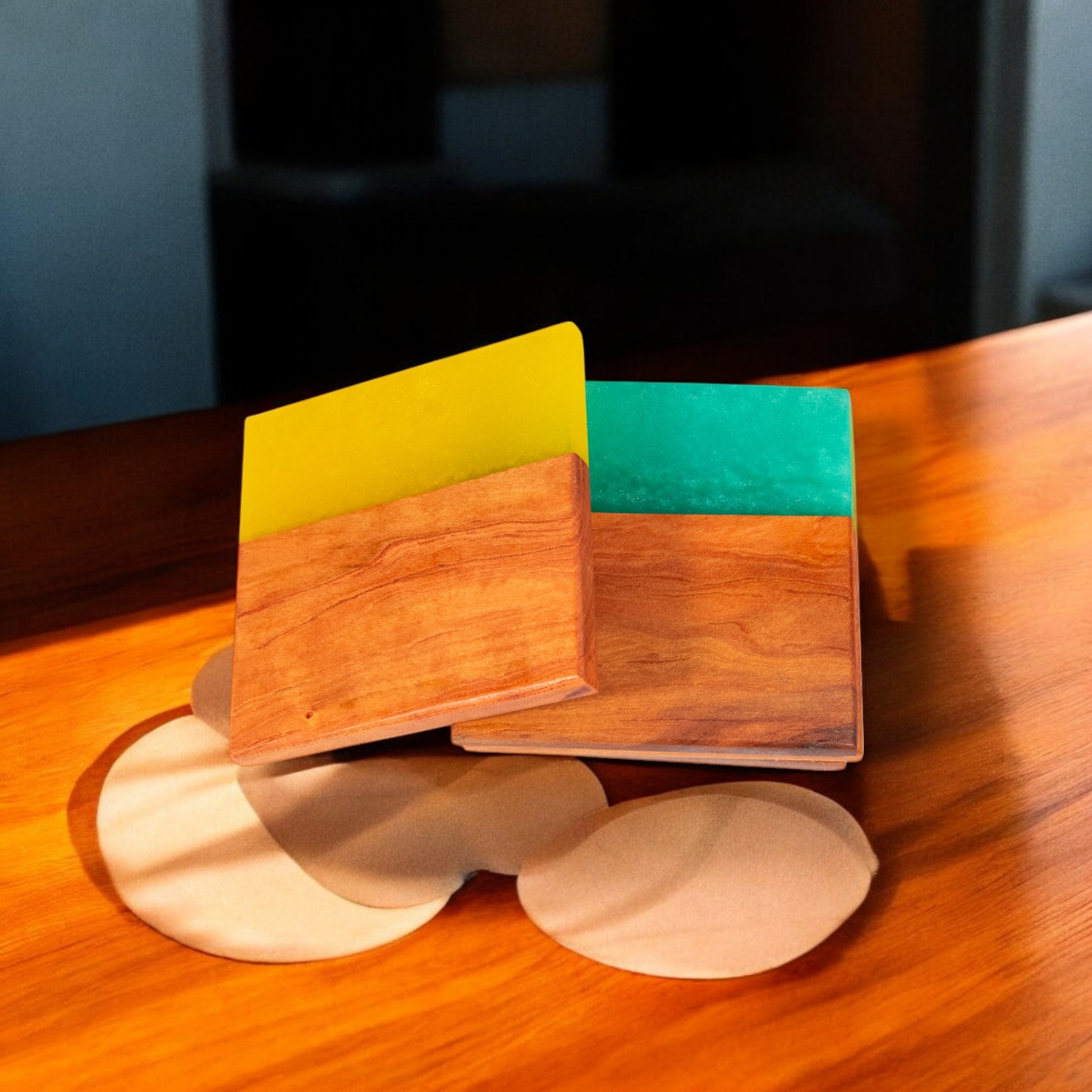 Cherry with Turquoise/Yellow Epoxy Coaster