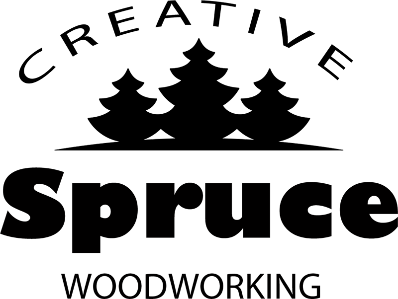 Logo of Creative Spruce Woodworking with black text and tree silhouettes on a white background