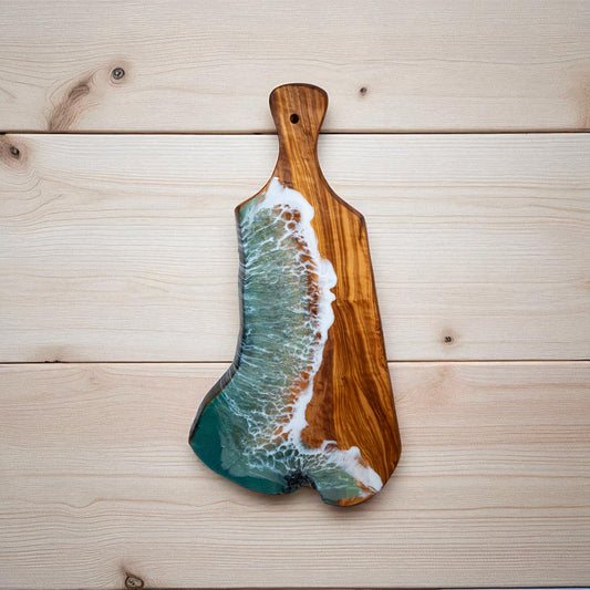 Green Handcrafted Ocean Wave Olive Wood Charcuterie Board - Serving Platter
