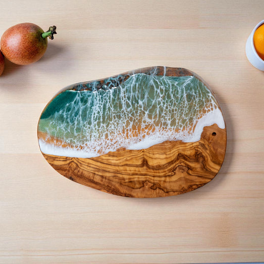 Green Handcrafted Ocean Wave Olive Wood Charcuterie Board - Serving Platter
