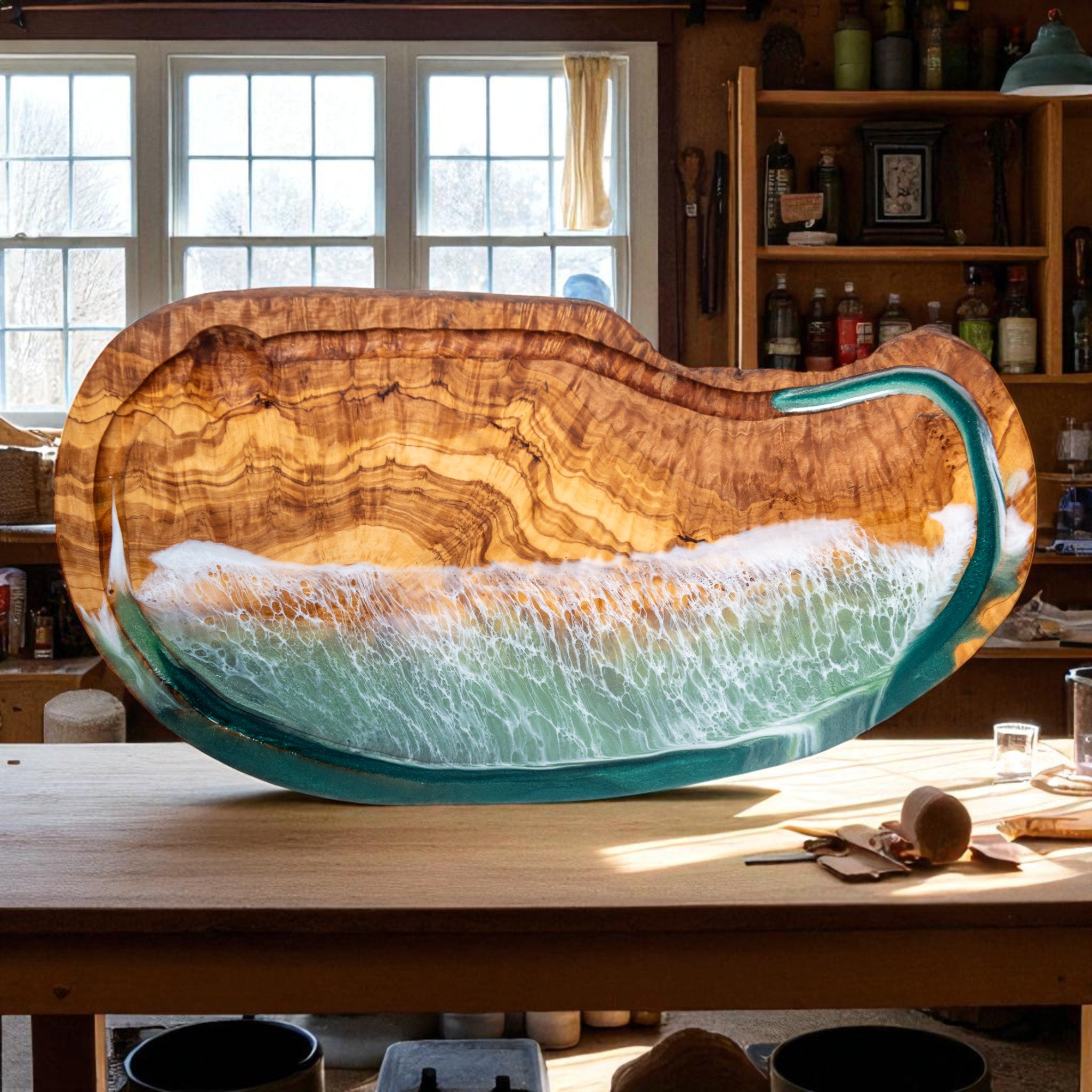 Green Handcrafted Ocean Wave Olive Wood Charcuterie Board With Juice Grove- Serving Platter