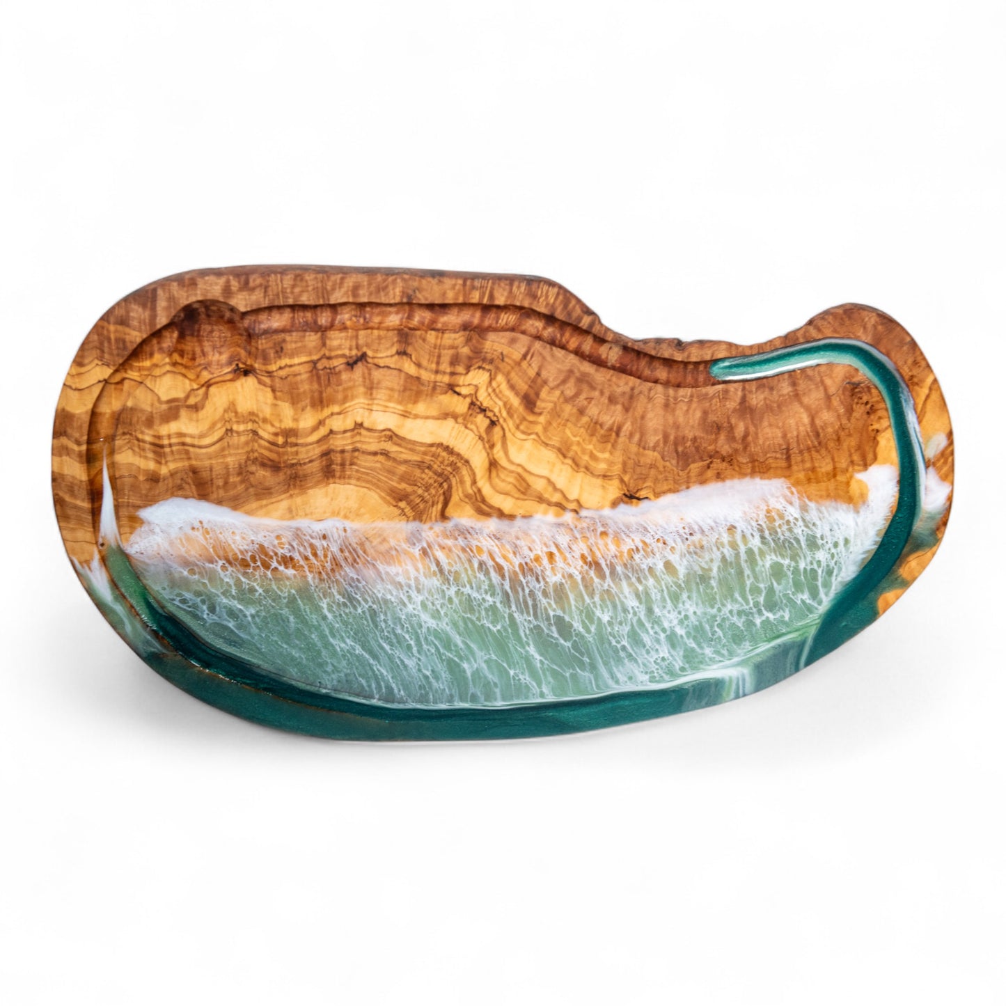 Green Handcrafted Ocean Wave Olive Wood Charcuterie Board With Juice Grove- Serving Platter