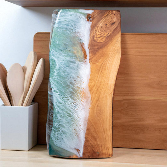 Green Handcrafted Ocean Wave Olive Wood Charcuterie Board - Serving Platter