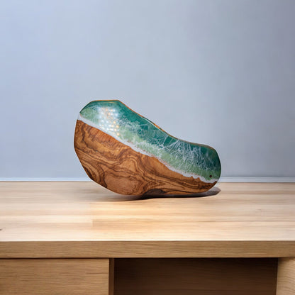 Green Handcrafted Ocean Wave Olive Wood Charcuterie Board - Serving Platter