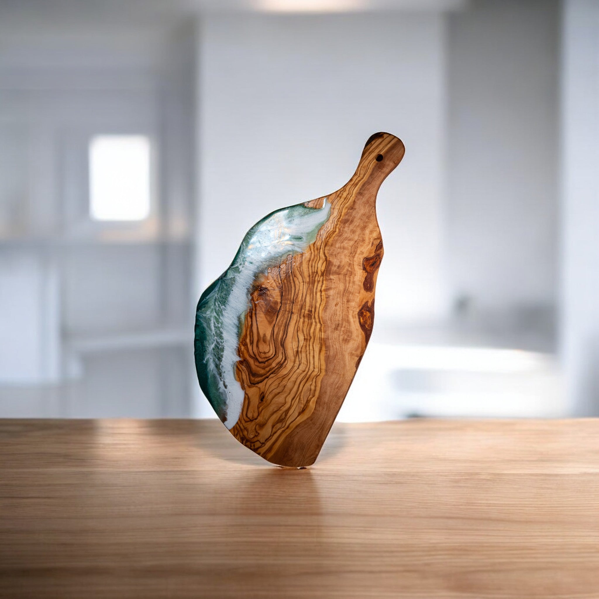 Green Handcrafted Ocean Wave Olive Wood Charcuterie Board - Serving Platter