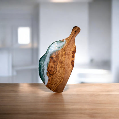 Green Handcrafted Ocean Wave Olive Wood Charcuterie Board - Serving Platter