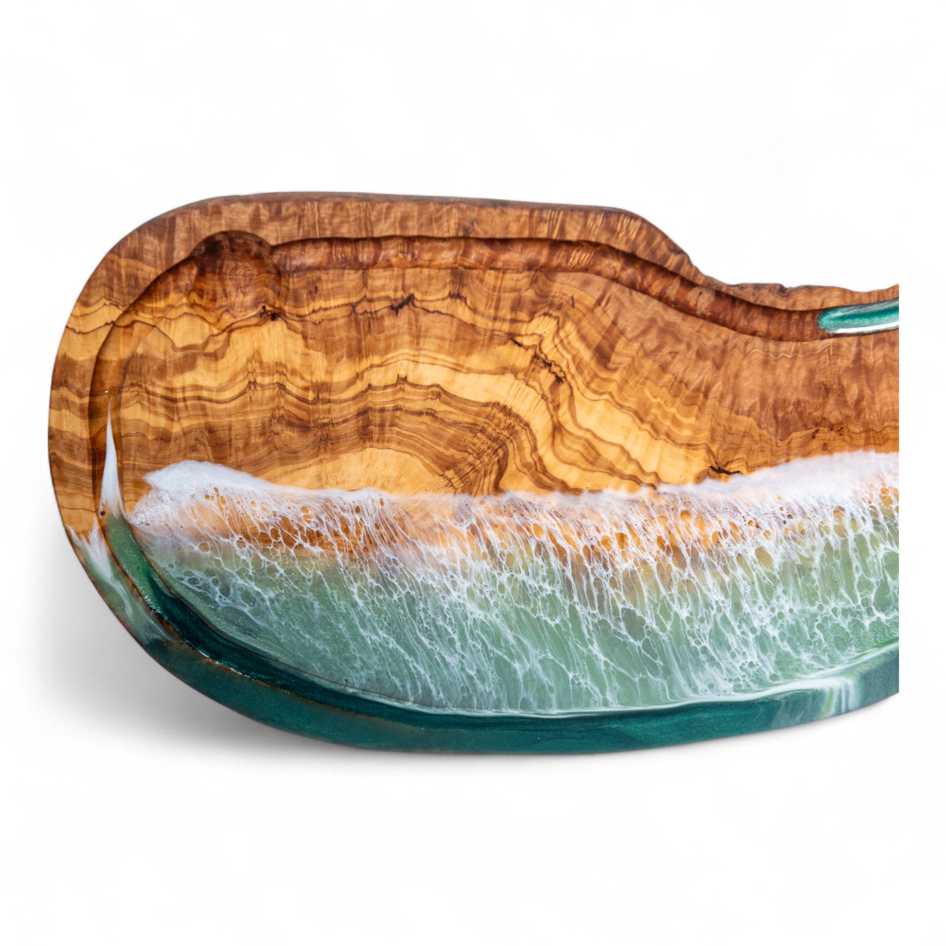 Green Handcrafted Ocean Wave Olive Wood Charcuterie Board With Juice Grove- Serving Platter