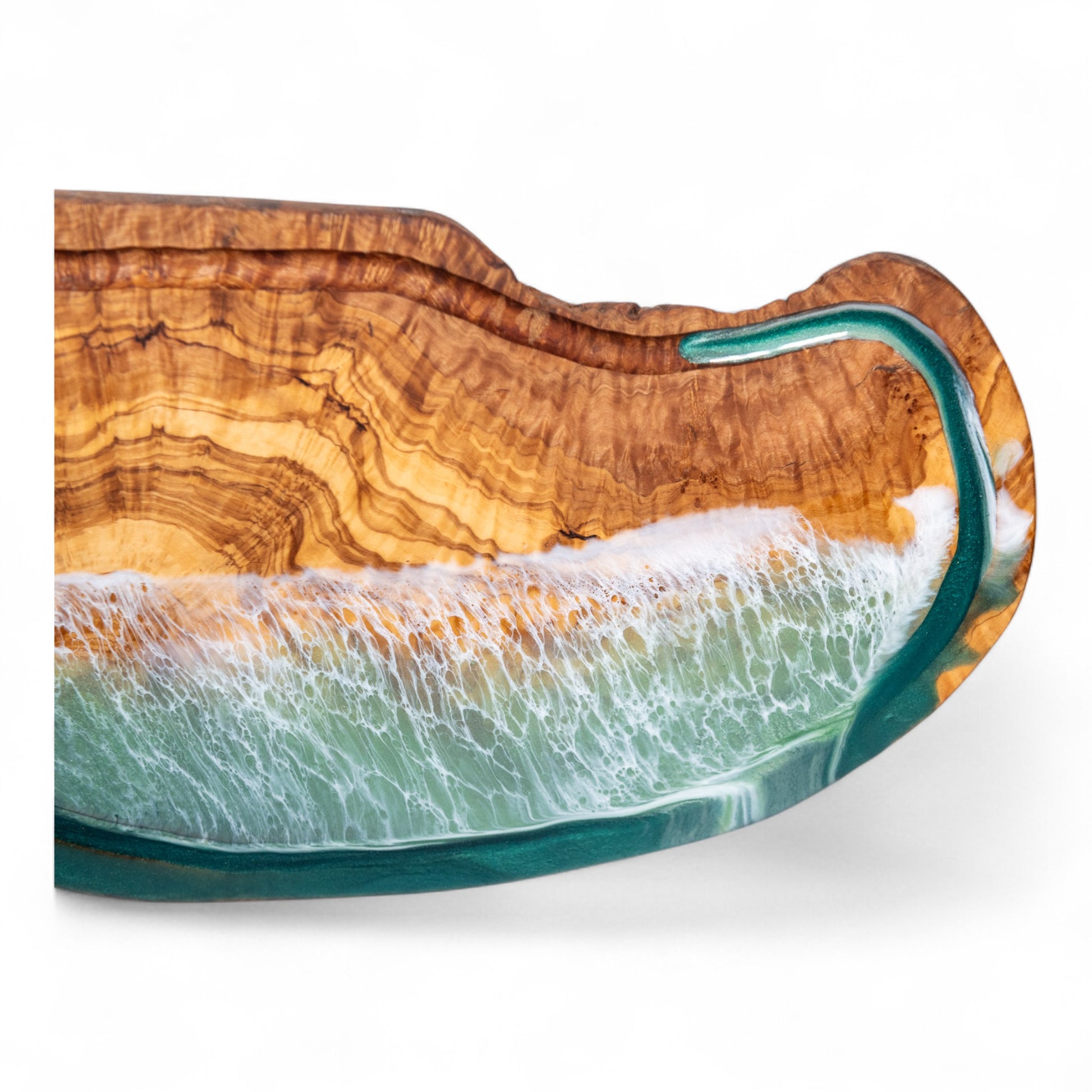 Green Handcrafted Ocean Wave Olive Wood Charcuterie Board With Juice Grove- Serving Platter