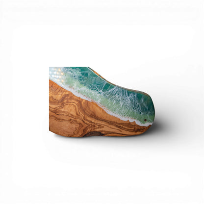 Green Handcrafted Ocean Wave Olive Wood Charcuterie Board - Serving Platter