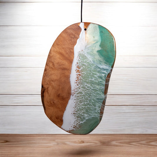 Green Handcrafted Ocean Wave Olive Wood Charcuterie Board - Serving Platter