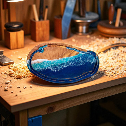 Handcrafted Ocean Wave Olive Wood Charcuterie Board With Juice Grove- Serving Platter