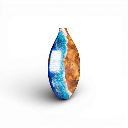 Smooth finish olive wood serving tray with gradient blue ocean wave epoxy inlay