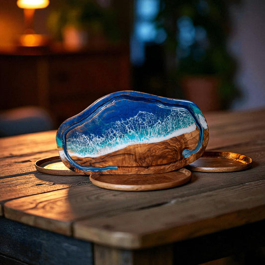 Handcrafted Ocean Wave Olive Wood Charcuterie Board With Juice Grove- Serving Platter