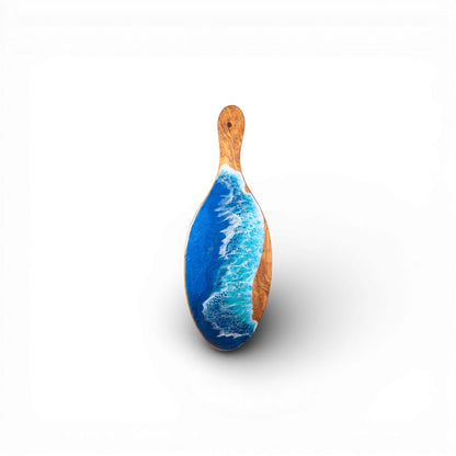 Hanging hole olive wood charcuterie board with layered blue resin