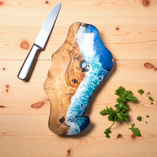 Handcrafted Ocean Wave Olive Wood Charcuterie Board - Serving Platter