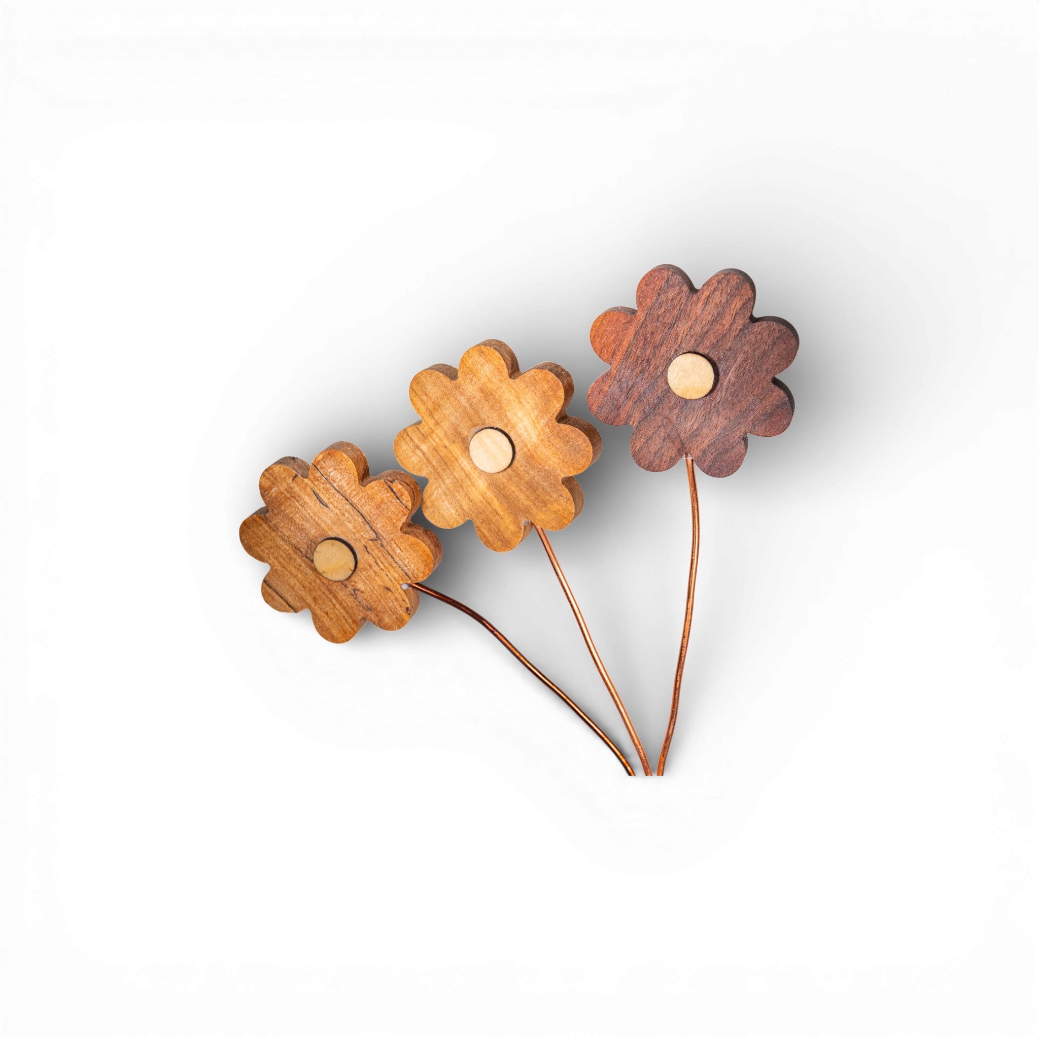 Handmade wooden daisy flower bouquet with natural grain and copper stems