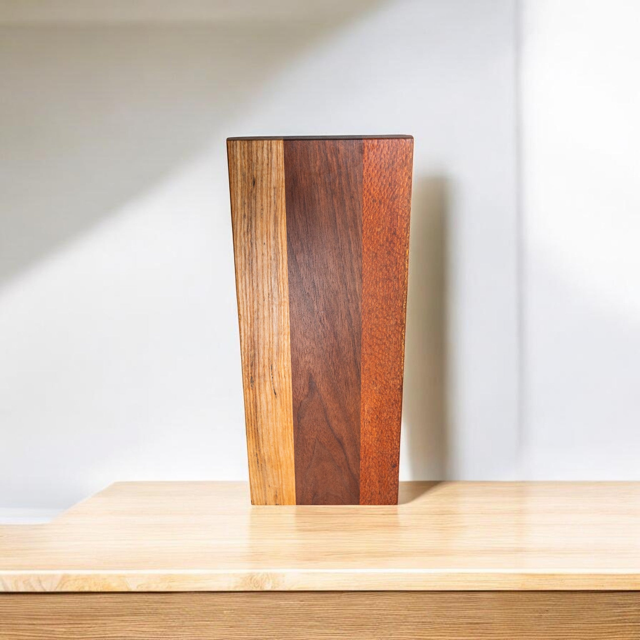 Natural wood serving board with contrasting lace hickory and walnut strips