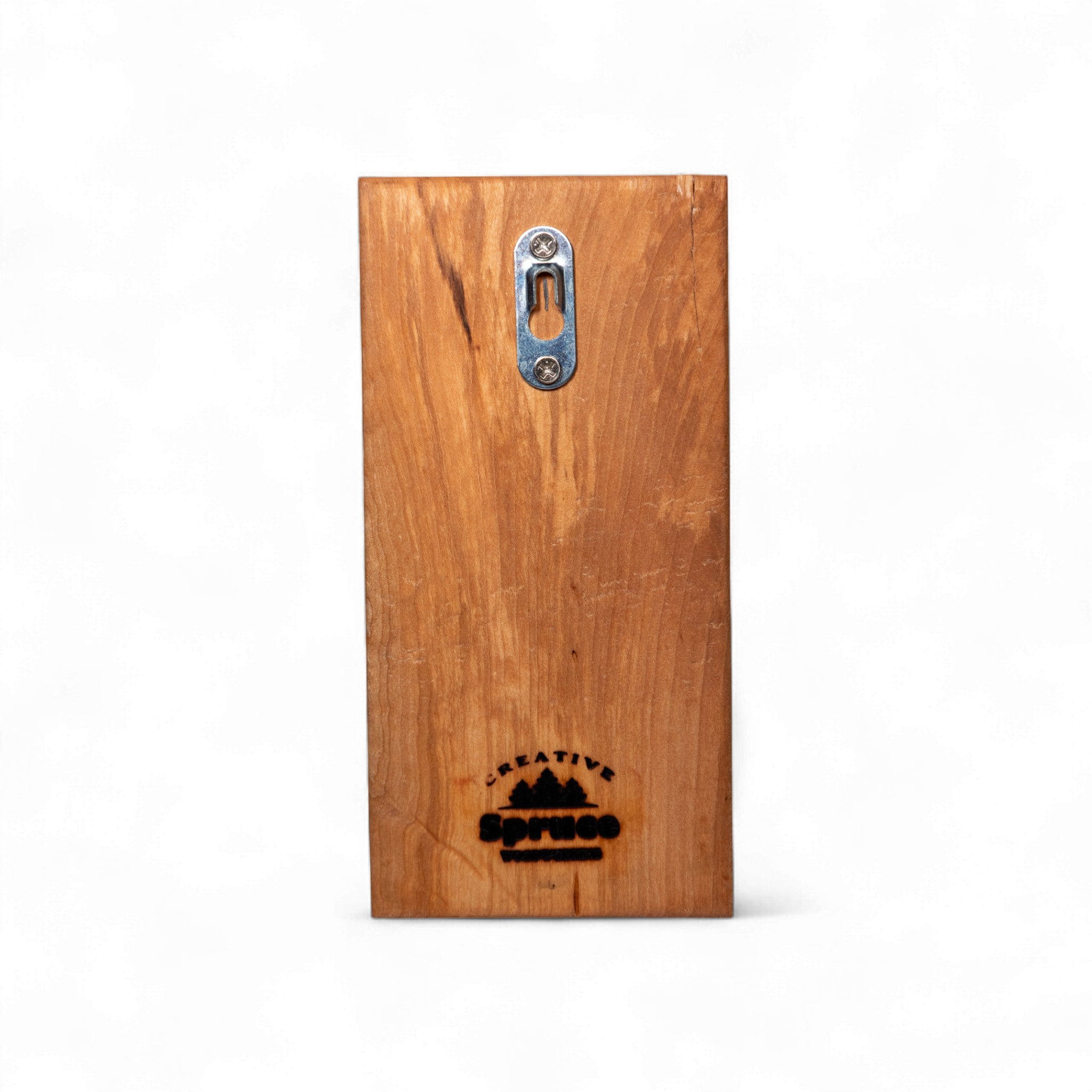 Cherry wood dog leash holder back showing silver mounting bracket and brand logo