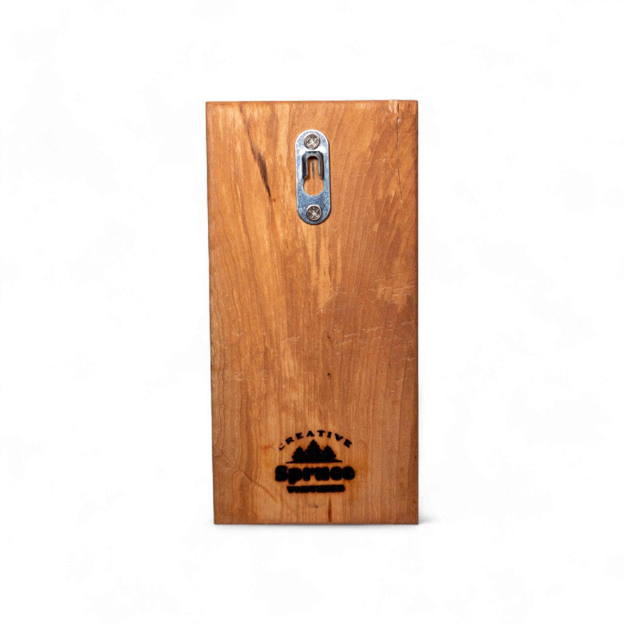 Back view of cherry wood dog leash holder with metal mounting bracket and logo
