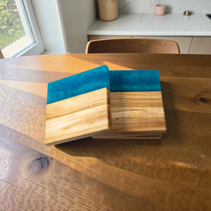 Maple Wood with Sea Blue Epoxy Coaster