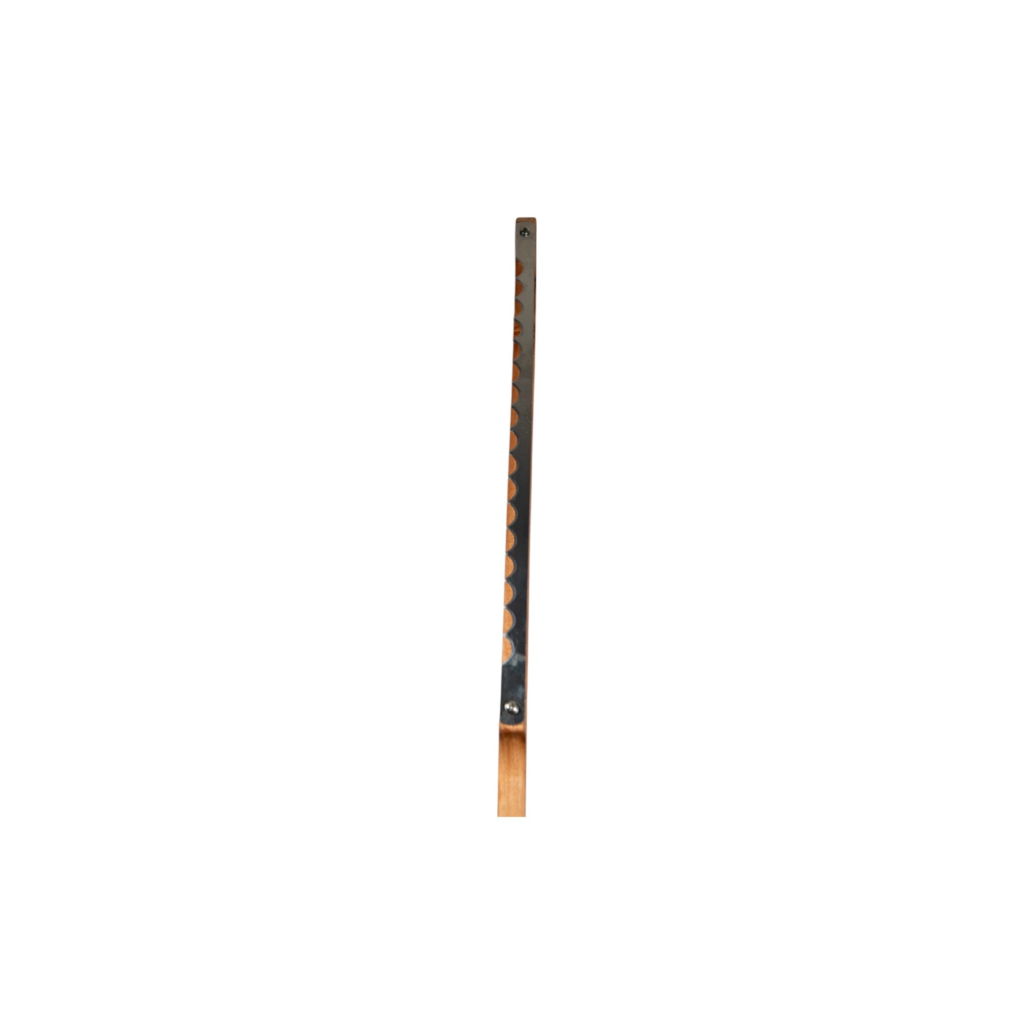 Maple bow bread knife with notched stainless steel blade and metal screws