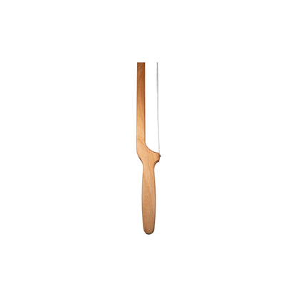 Contoured maple wood bow bread knife with visible grain and metal fasteners