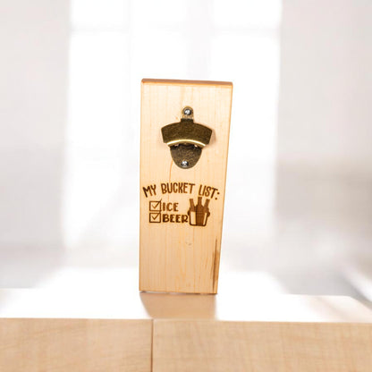 Rustic maple hardwood barware bottle opener with brass finish and bucket list engraving detail