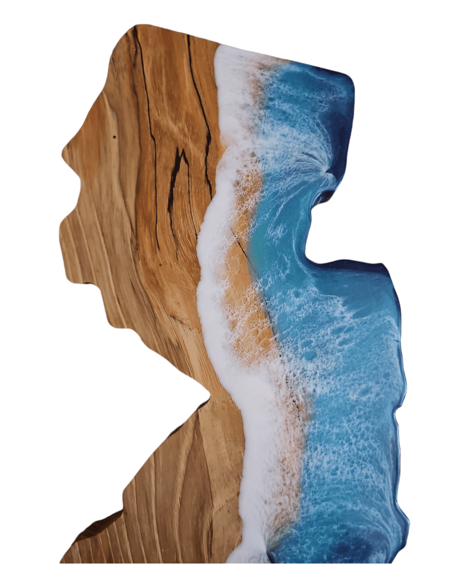 Full silhouette of custom NJ cutting board with detailed ocean wave epoxy art