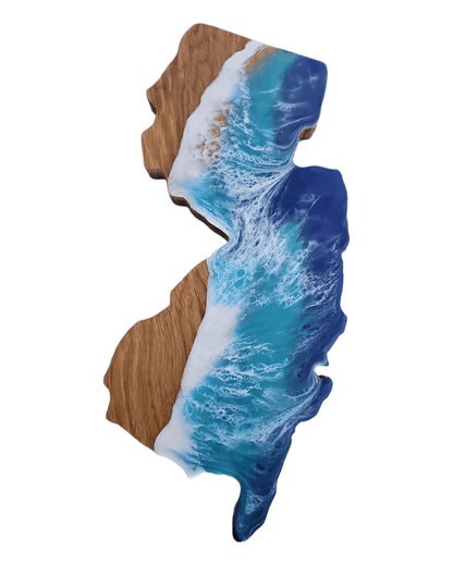 NJ state outline serving board featuring turquoise blue resin ocean design