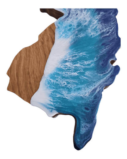 New Jersey shaped cutting board with flowing blue and white epoxy shoreline