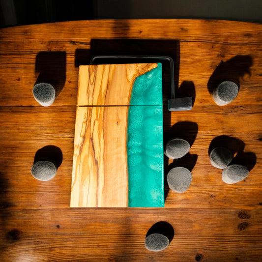 Olive Wood with Turquoise Epoxy Cheese Slicer Board