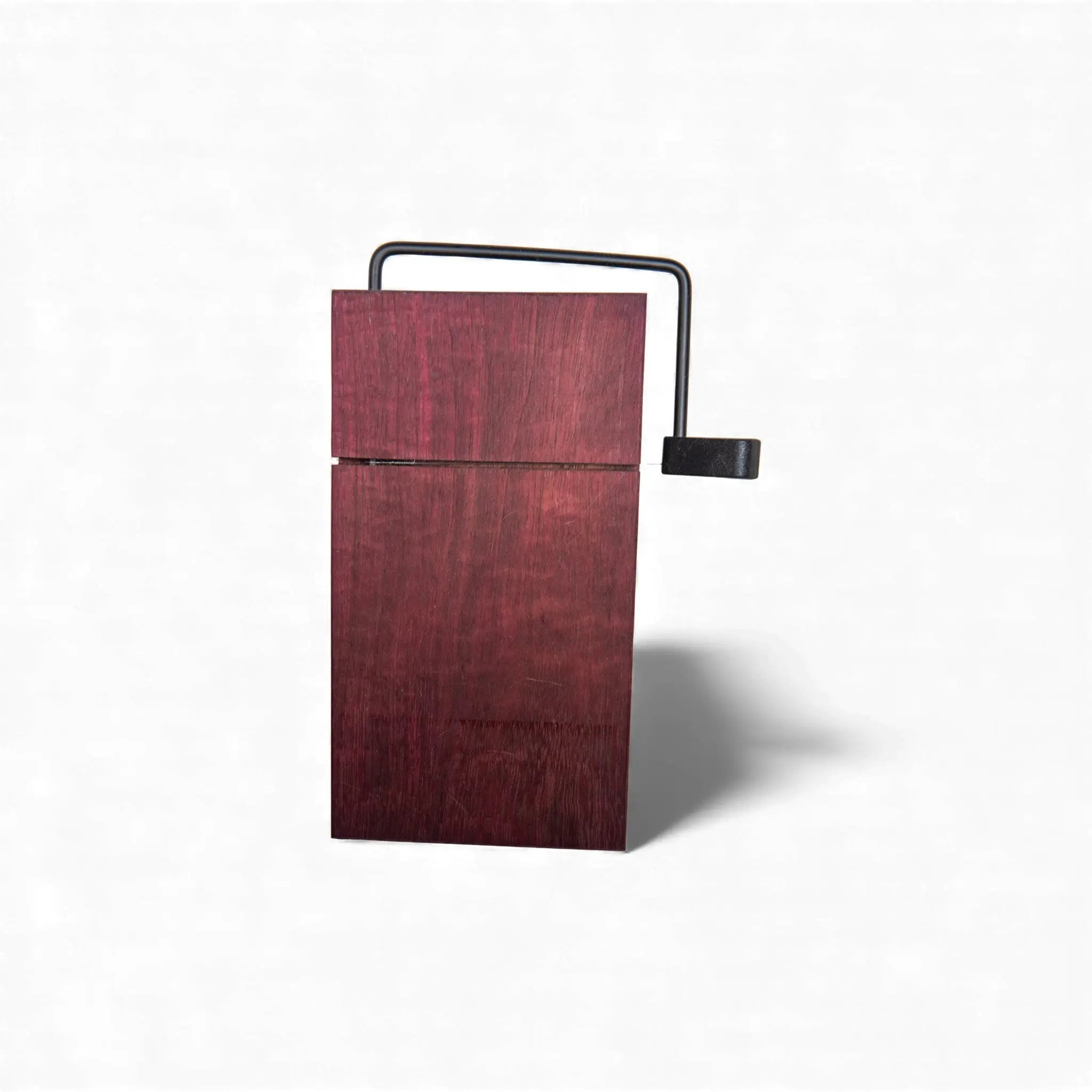 Deep burgundy Purple Heart cheese slicer with fine linear grain and polished finish