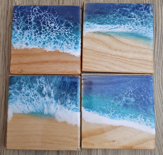 Red Bank- Hickory with Ocean Wave Epoxy Coaster