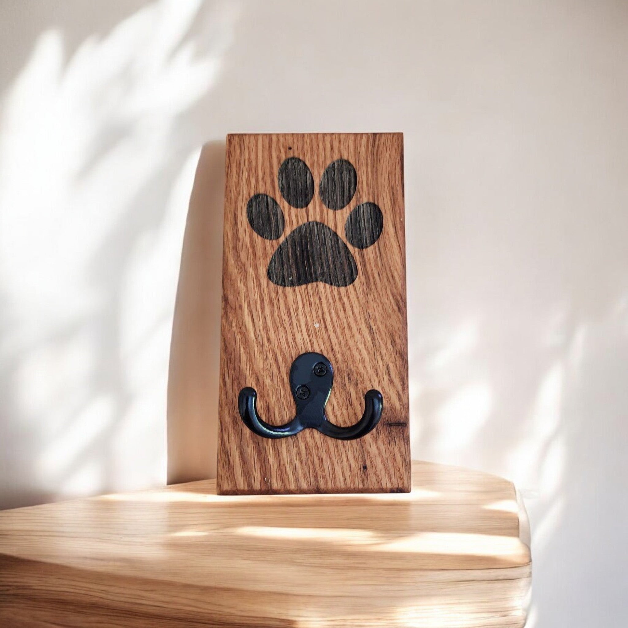 Red Oak Wall Mount Dog Paw Leash Holder