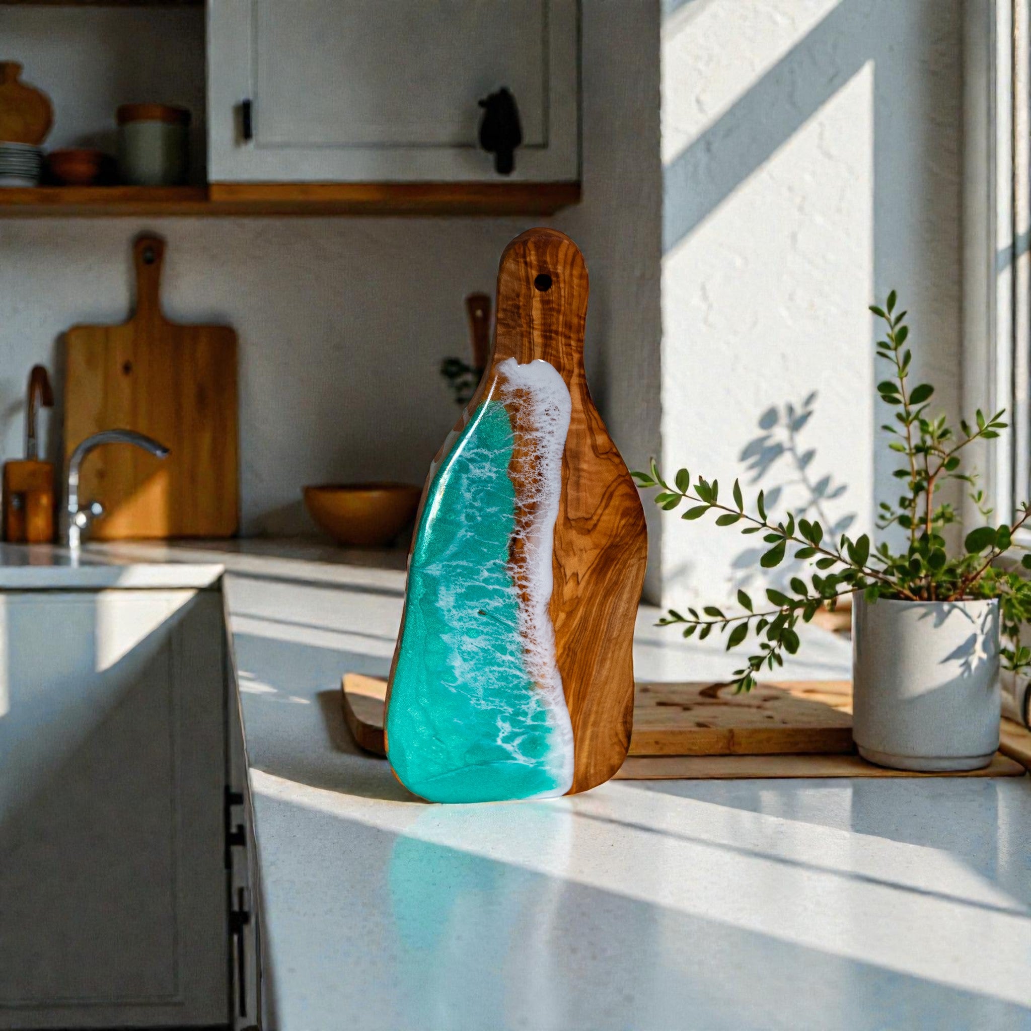 Turquoise Handcrafted Ocean Wave Olive Wood Charcuterie Board- Serving Platter