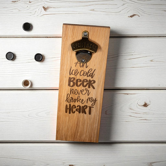 Wall Mounted Magnetic Bottle Opener Engrave "An ice Cold