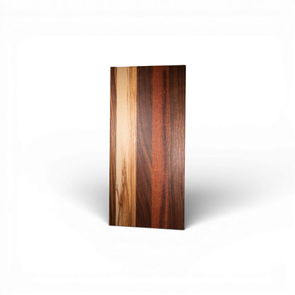 Natural grain charcuterie board combining walnut hickory and lacewood