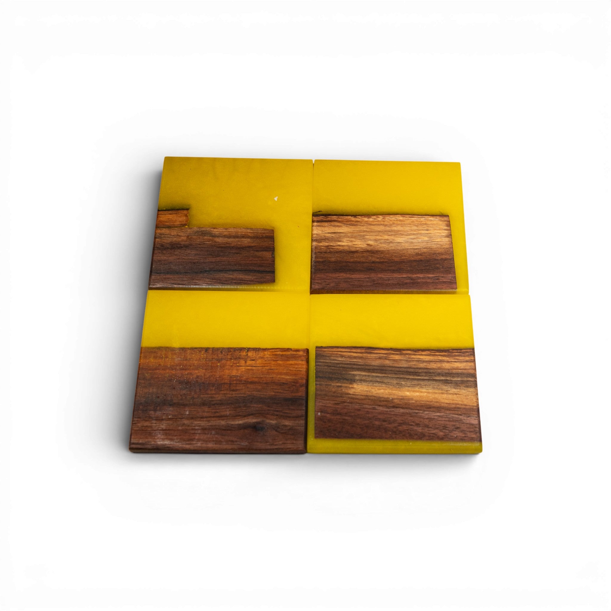 Handcrafted 4x4 inch yellow epoxy and walnut wood coaster set with smooth edges