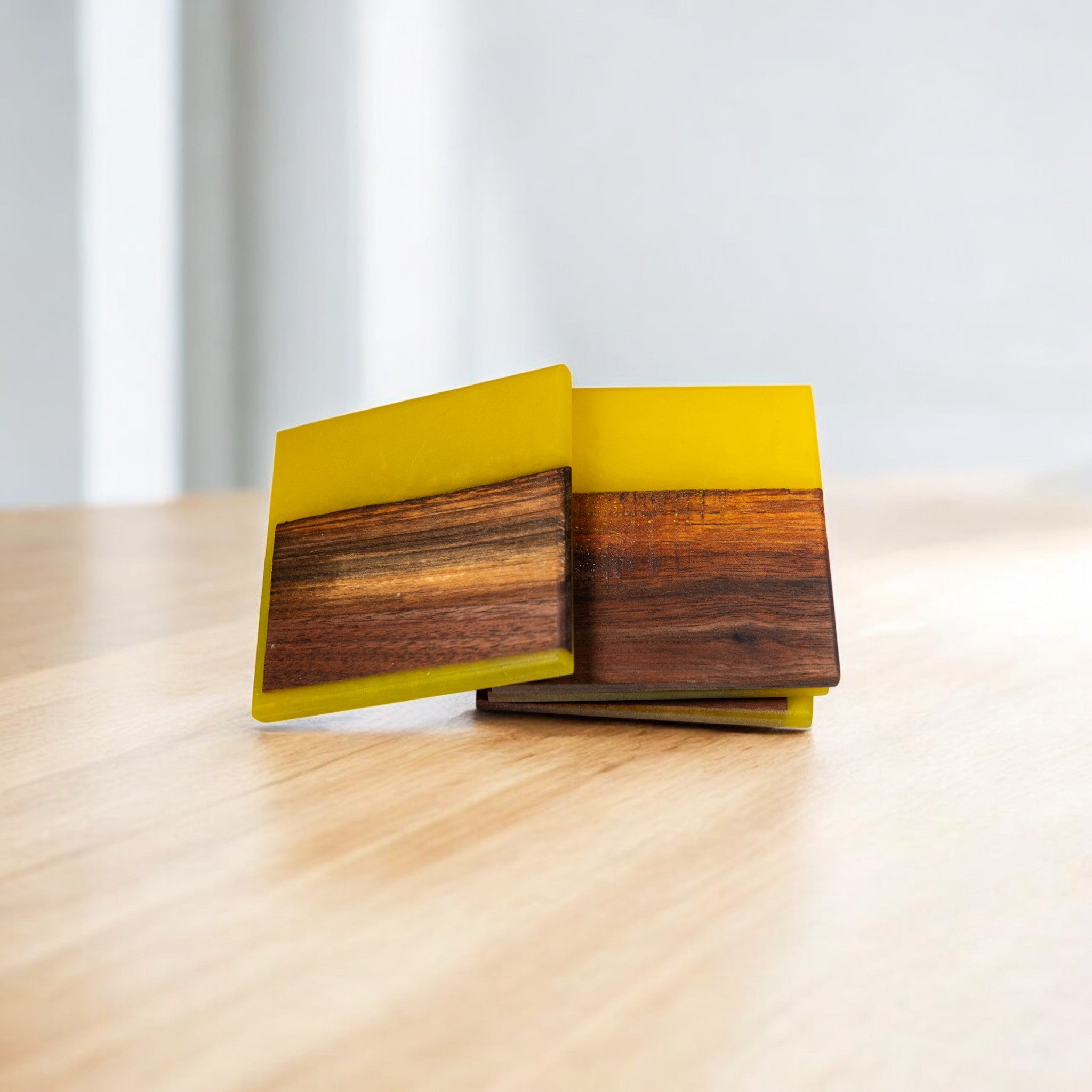 Set of 4 handmade walnut wood and yellow epoxy resin coasters with glossy finish