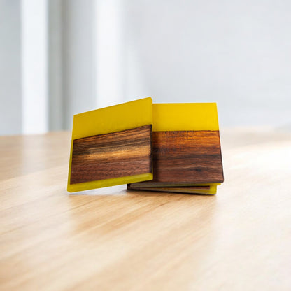 Set of 4 handmade walnut wood and yellow epoxy resin coasters with glossy finish