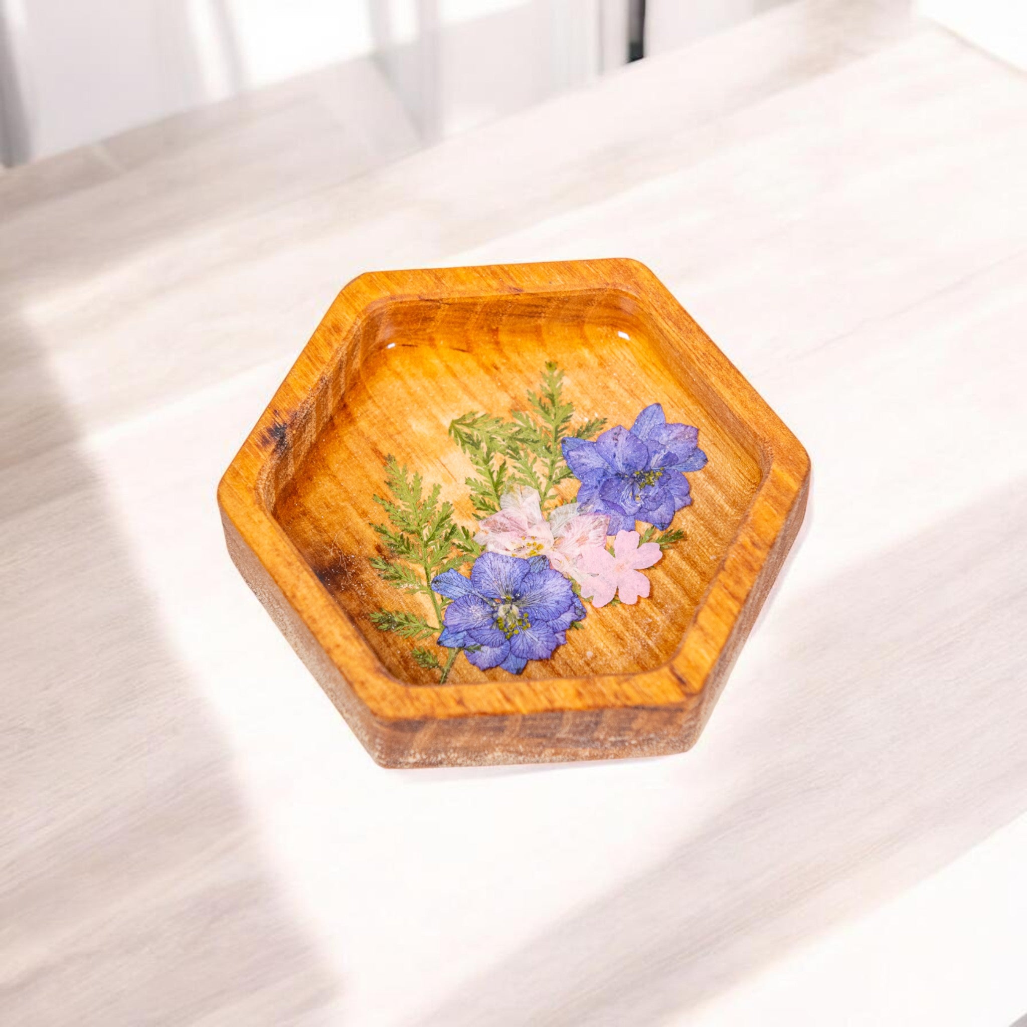 Wood Hex Tray with Pressed Flowers - Handmade Floral Resin Tray - Maple