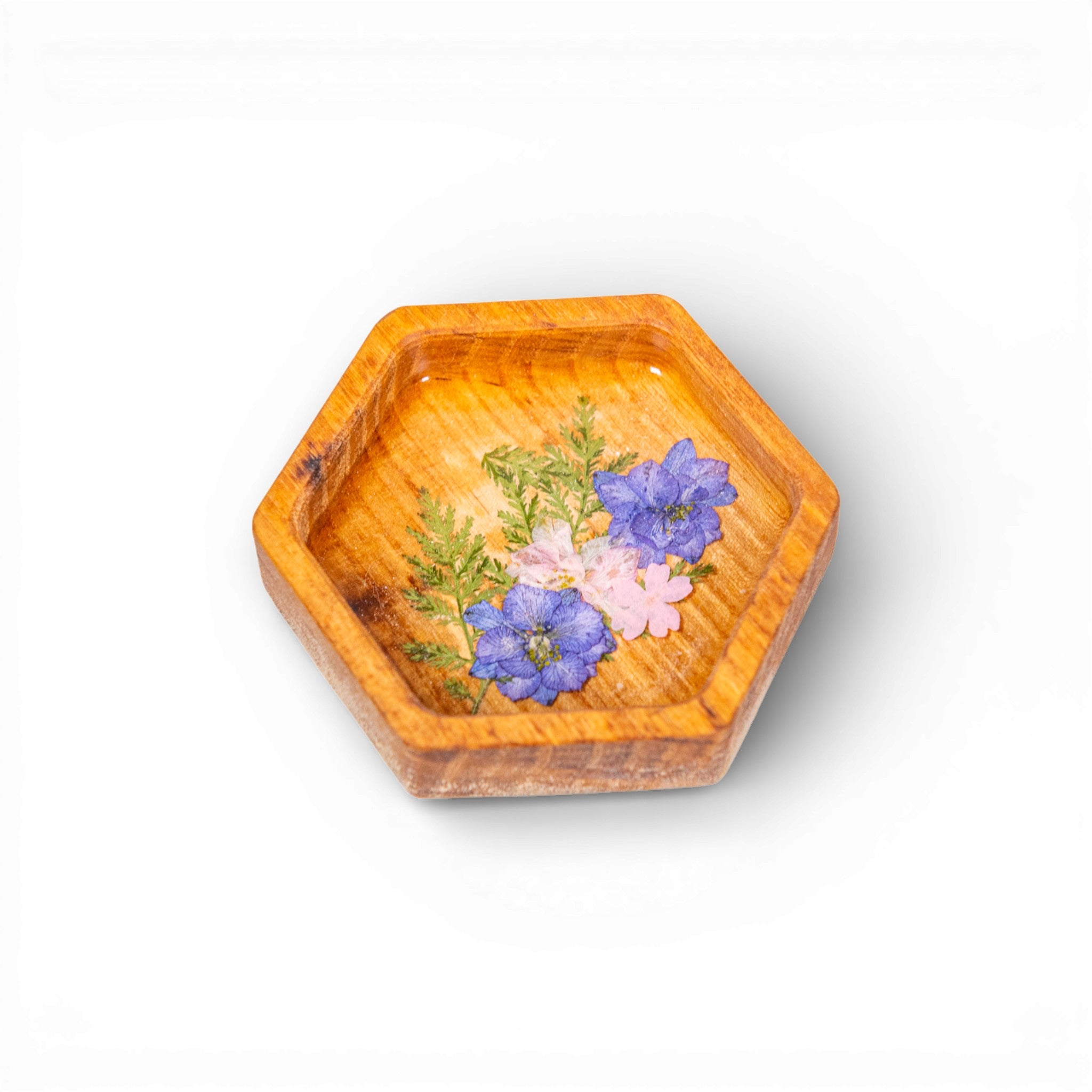 Wood Hex Tray with Pressed Flowers - Handmade Floral Resin Tray - Maple