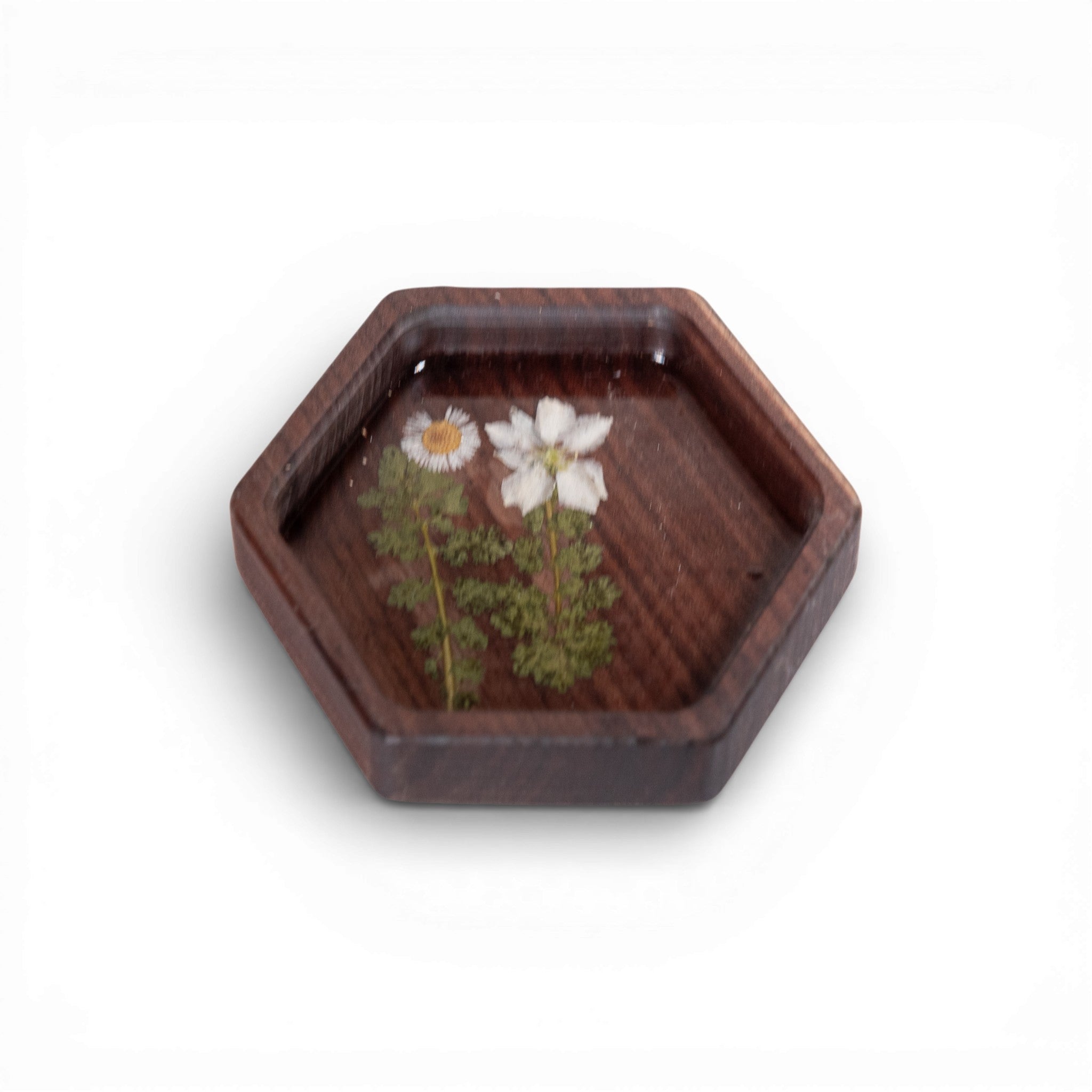 Wood Hex Tray with Pressed Flowers - Handmade Floral Resin Tray -Walnut