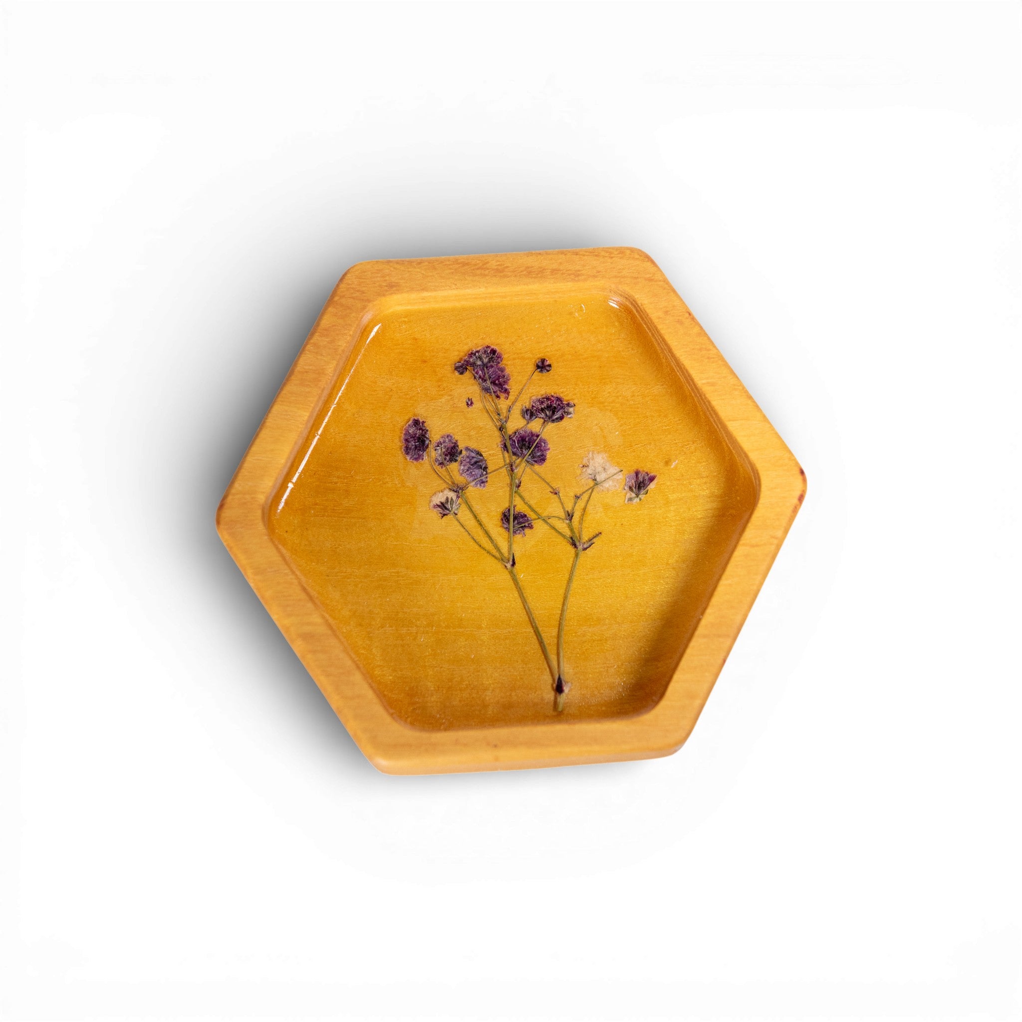 Wood Hex Tray with Pressed Flowers - Handmade Floral Resin Tray -Yellow