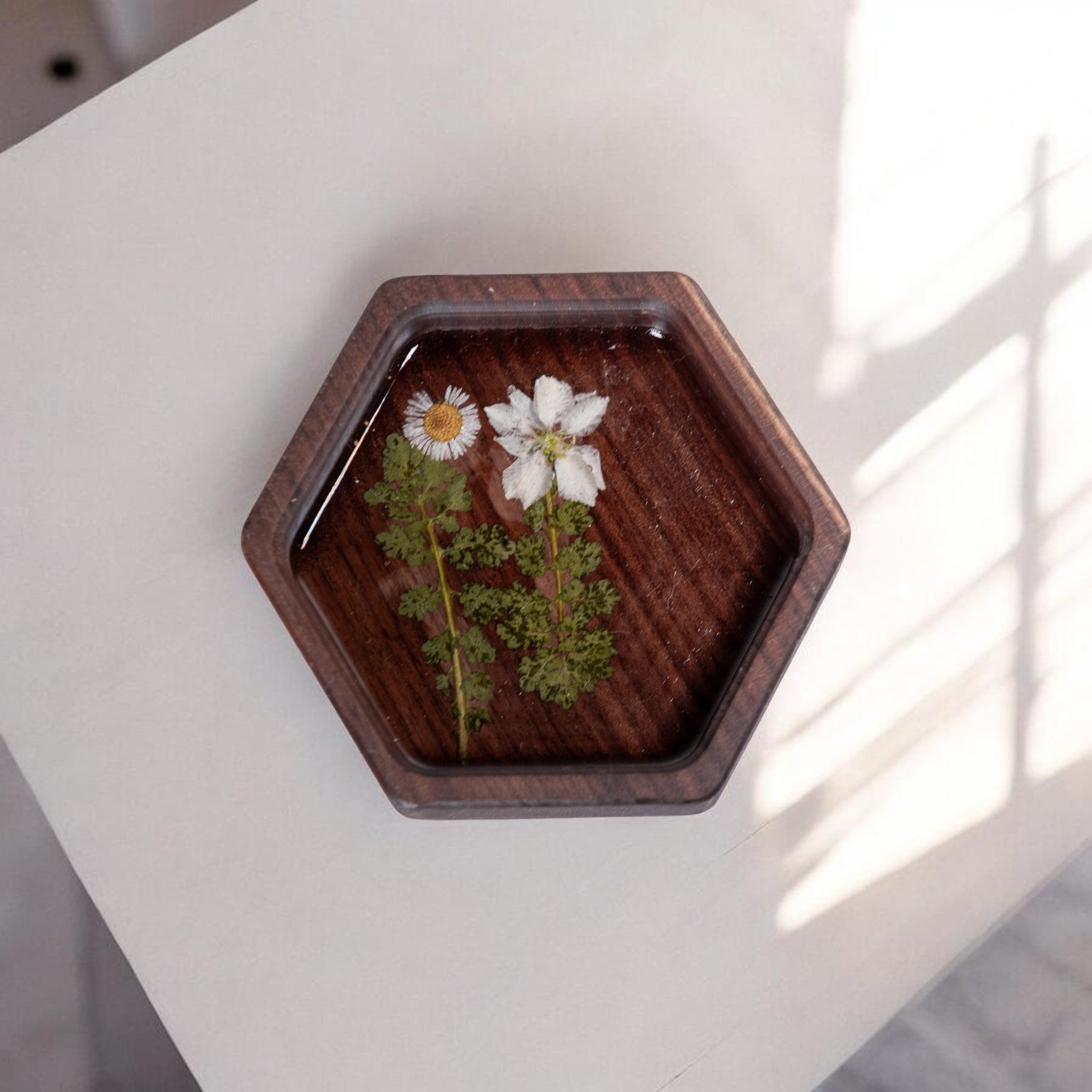 Wood Hex Tray with Pressed Flowers - Handmade Floral Resin Tray -Walnut