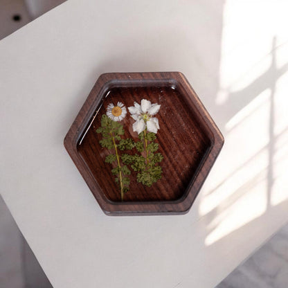 Wood Hex Tray with Pressed Flowers - Handmade Floral Resin Tray -Walnut
