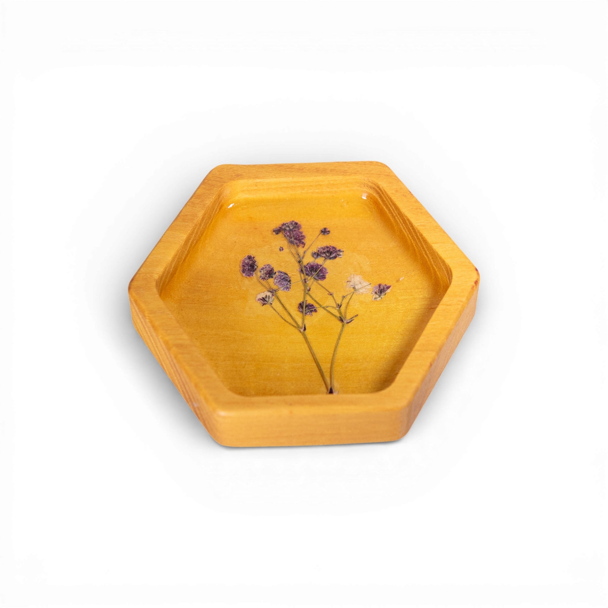 Wood Hex Tray with Pressed Flowers - Handmade Floral Resin Tray -Yellow